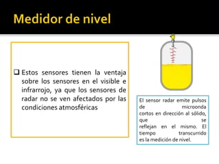  Estos sensores tienen la ventaja 
sobre los sensores en el visible e 
infrarrojo, ya que los sensores de 
radar no se ven afectados por las 
condiciones atmosféricas 
El sensor radar emite pulsos 
de microonda 
cortos en dirección al sólido, 
que se 
reflejan en el mismo. El 
tiempo transcurrido 
es la medición de nivel. 
 