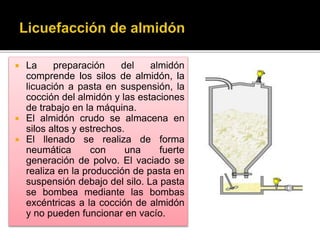  La preparación del almidón 
comprende los silos de almidón, la 
licuación a pasta en suspensión, la 
cocción del almidón y las estaciones 
de trabajo en la máquina. 
 El almidón crudo se almacena en 
silos altos y estrechos. 
 El llenado se realiza de forma 
neumática con una fuerte 
generación de polvo. El vaciado se 
realiza en la producción de pasta en 
suspensión debajo del silo. La pasta 
se bombea mediante las bombas 
excéntricas a la cocción de almidón 
y no pueden funcionar en vacío. 
 