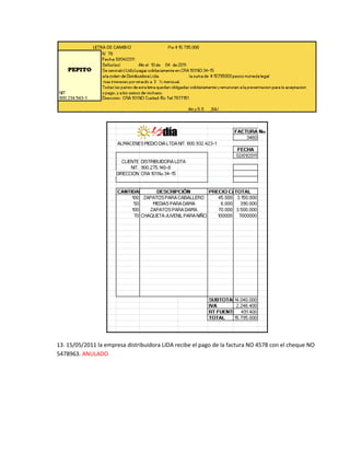 13. 15/05/2011 la empresa distribuidora LIDA recibe el pago de la factura NO 4578 con el cheque NO
5478963. ANULADO
 