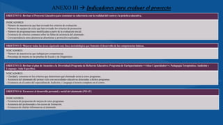 ANEXO III  Indicadores para evaluar el proyecto
OBJETIVO 1: Revisar el Proyecto Educativo para constatar su coherencia con la realidad del centro y la práctica educativa.
INDICADORES
- Número de maestros/as que han revisado los criterios de evaluación.
- Número de equipos de ciclo que han revisado los criterios de promoción
- Número de programaciones modificadas a partir de la evaluación inicial.
- Existencia de criterios comunes sobre las faltas de asistencia del alumnado.
- Correspondencia entre alumnos/as absentistas y protocolos realizados.
OBJETIVO 2: Mejorar todas las áreas siguiendo una línea metodológica que fomente el desarrollo de las competencias básicas.
NDICADORES
- Número de maestros/as que trabajan por competencias.
- Porcentaje de mejora en las pruebas de Escala y de Diagnóstico.
OBJETIVO 3: Revisar el plan de Atención a la Diversidad (Programa de Refuerzo Educativo; Programa de Enriquecimiento <<Altas Capacidades>>; Pedagogía Terapéutica; Audición y
Lenguaje; Aula Específica.
NDICADORES
- Claridad y consenso en los criterios que determinen qué alumnado asiste a estos programas.
- Asistencia del alumnado del primer ciclo con necesidades educativas detectadas a dichos programas.
- Existencia en el centro del especialista de Audición y Lenguaje a horario completo en el centro.
OBJETIVO 4: Favorecer el desarrollo personal y social del alumnado (POAT)
INDICADORES
- Existencia de propuestas de mejora de estos programas.
- Asistencia del profesorado a los cursos de formación.
- Existencia de charlas informativas al alumnado.
 