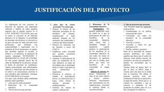 JUSTIFICACIÓN DEL PROYECTO
La elaboración de este proyecto de
dirección ha supuesto una importante
reflexión y análisis de todos aquellos
aspectos que se pueden mejorar en el
C.P.R. SÁNCHEZ VELAYOS, para que
el centro se convierta en un referente
educativo en la Alpujarra. La posibilidad
de presentar este proyecto se convierte en
un gran reto para mí, tanto personal como
profesional, que afrontaré con
responsabilidad y rigurosidad, con el
propósito de llevar actuaciones, en equipo,
que permitan mejorar la escuela, el
entorno y, en definitiva, la educación de
nuestro alumnado, REVISANDO Y
MEJORANDO EL PLAN DE CENTRO.
En este primer apartado quiero dar las
señas de identidad de mi proyecto, porque
el hecho de presentar mi candidatura,
implica posicionarme ante determinados
aspectos y situaciones que han pasado en
el centro y en consecuencia, priorizar lo
que considero más importante, conseguir
la ESTABILIDAD en el mismo.
Así pues, para alcanzar dicha estabilidad
planteo cuatro apartados:
1. ¿Qué tipo de centro pretendo?
2. Relaciones de la comunidad
educativa.
3. Tipo de proyecto que presento
1. ¿Qué tipo de centro
pretendo? Un centro que:
• Propicie la mejora de las
relaciones personales de los
miembros del claustro,
restableciendo el buen
ambiente después de los
momentos tan complicados y
confusos que hemos pasado.
• Potencie las relaciones con
las familias a través del
A.M.P.A
• Establezca como prioridad
una gestión económica
transparente y eficaz.
• Aumente la participación de
todos los estamentos de la
vida educativa en todas las
actividades que se propongan
desde el centro o por parte de
otras instituciones y
organismos.
• Promueva el esfuerzo, el
estudio, la participación
activa y la motivación por el
logro, como formas de
mejorar personal y
académicamente.
• Fomente los valores de
respeto, colaboración…
2. Relaciones de la
comunidad educativa
- Participativo Me
gustaría igualmente tener
un centro en el que la
participación de todos los
miembros de la
comunidad educativa
fuera cierta, real y
abundante. Aunque la
legislación vigente
propicia la participación
de los miembros de la
comunidad educativa en
casi todas las tomas de
decisiones, no garantiza
que esto se cumpla, pues
deseo que todos los
miembros de la
comunidad se hagan
sentir.
- Abierto al entorno Me
parece fundamental el
estar en un centro abierto
a nuestro entorno.
Debemos relacionarnos
más intensamente con las
organizaciones próximas
al contexto donde se
encuentra ubicado.
3. Tipo de proyecto que presento
Este Proyecto tiene las siguientes
características:
• Fundamentado en un análisis
situacional del centro
• Conciliador con todos los
miembros de la comunidad
educativa
• Sencillo y conciso
• Accesible a todos los que
participen en él.
• Posible, realista y necesario.
Parto de la necesidad de conocer
nuestros problemas, los reales,
aquellos que hacen que el centro no
funcione como debiera hacerlo, de
asumirlos y de tratar de corregirlos y
atender las necesidades que se
plantean.
Aunque dicho así parece fácil, sé
que la tarea es difícil, larga y
costosa, pero una tarea no se acaba
sino se comienza. Por último, el
presente proyecto tiene una
evaluación al final de su ejecución a
lo largo del mismo. Deseo que se se
evalúen los resultados y que se
conozca si realmente se ha
producido un cambio, para ver si se
han conseguido los objetivos.
 