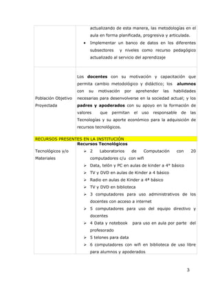 actualizando de esta manera, las metodologías en el
                            aula en forma planificada, progresiva y articulada.
                        •   Implementar un banco de datos en los diferentes
                            subsectores    y niveles como recurso pedagógico
                            actualizado al servicio del aprendizaje



                     Los docentes con su motivación y capacitación que
                     permita cambio metodológico y didáctico; los              alumnos
                     con    su   motivación     por    aprehender    las   habilidades
Población Objetivo   necesarias para desenvolverse en la sociedad actual; y los
Proyectada           padres y apoderados con su apoyo en la formación de
                     valores     que   permitan       el   uso   responsable    de       las
                     Tecnologías y su aporte económico para la adquisición de
                     recursos tecnológicos.


RECURSOS PRESENTES EN LA INSTITUCIÓN
                Recursos Tecnológicos
Tecnológicos y/o         2      Laboratorios         de   Computación      con          20
Materiales                  computadores c/u con wifi
                         Data, telón y PC en aulas de kinder a 4° básico
                         TV y DVD en aulas de Kinder a 4 básico
                         Radio en aulas de Kinder a 4ª básico
                         TV y DVD en biblioteca
                         3 computadores para uso administrativos de los
                            docentes con acceso a internet
                         5 computadores para uso del equipo directivo y
                            docentes
                         4 Data y notebook           para uso en aula por parte del
                            profesorado
                         5 telones para data
                         6 computadores con wifi en biblioteca de uso libre
                            para alumnos y apoderados



                                                                                     3
 