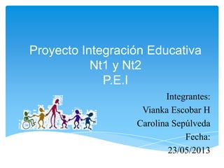 Proyecto Integración Educativa
Nt1 y Nt2
P.E.I
Integrantes:
Vianka Escobar H
Carolina Sepúlveda
Fecha:
23/05/2013
 