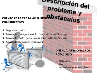 CUENTO PARA TRABAJAR EL PROCESO
COMUNICATIVO
 Preguntas Previas.
 Actividades para fomentar los componentes del lenguaje.
 Actividades en las que los niños deben articular fonemas.
 Actividades de compresión lectora.
DISLALIA FUNCIONAL POR
ROTACISMO
o Rotacismo.
o Fases.
o Actividades para cada fase.
 