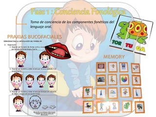 Toma de conciencia de los componentes fonéticos del
lenguaje oral.
PRAXIAS BUCOFACIALES
MEMORY
 