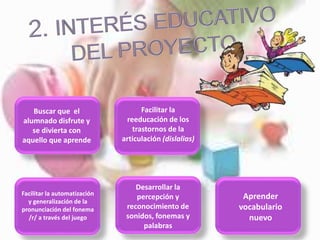 Buscar que el
alumnado disfrute y
se divierta con
aquello que aprende
Facilitar la
reeducación de los
trastornos de la
articulación (dislalias)
Facilitar la automatización
y generalización de la
pronunciación del fonema
/r/ a través del juego
Desarrollar la
percepción y
reconocimiento de
sonidos, fonemas y
palabras
Aprender
vocabulario
nuevo
 