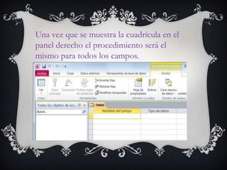 Una vez que se muestra la cuadrícula en el
panel derecho el procedimiento será el
mismo para todos los campos.

 