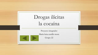 Drogas ilícitas
la cocaína
Proyecto integrador
María luisa castillo mora
Grupo 22
 