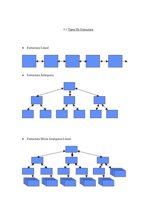 3.1 Tipos De Estructura




Estructura Lineal




Estructura Jerárquica




Estructura Mixta Jerarquica-Lineal
 