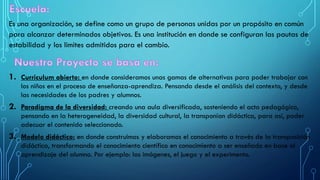 Es una organización, se define como un grupo de personas unidas por un propósito en común
para alcanzar determinados objetivos. Es una institución en donde se configuran las pautas de
estabilidad y los limites admitidos para el cambio.
1. Curriculum abierto: en donde consideramos unas gamas de alternativas para poder trabajar con
los niños en el proceso de enseñanza-aprendiza. Pensando desde el análisis del contexto, y desde
las necesidades de los padres y alumnos.
2. Paradigma de la diversidad: creando una aula diversificada, sosteniendo el acto pedagógico,
pensando en la heterogeneidad, la diversidad cultural, la transponían didáctica, para así, poder
adecuar el contenido seleccionado.
3. Modelo didáctico: en donde construimos y elaboramos el conocimiento a través de la transposición
didáctica, transformando el conocimiento científico en conocimiento a ser enseñado en base al
aprendizaje del alumno. Por ejemplo: las imágenes, el juego y el experimento.
 