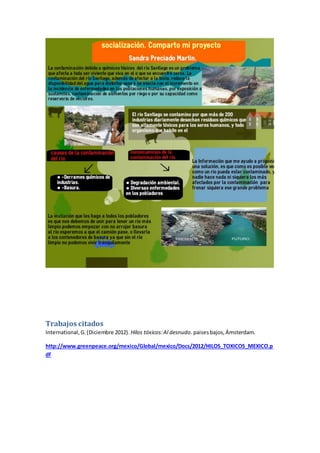 Trabajos citados
International,G.(Diciembre 2012). Hilos tóxicos:Al desnudo. paisesbajos,Ámsterdam.
http://www.greenpeace.org/mexico/Global/mexico/Docs/2012/HILOS_TOXICOS_MEXICO.p
df
 