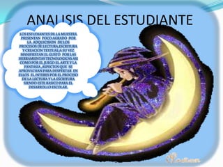 ANALISIS DEL ESTUDIANTELOS ESTUDIANTES DE LA MUESTRA PRESENTAN  POCO AGRADO  POR  LA  ADQUICISION  DE LOS PROCESOS DE LECTURA,ESCRITURA Y CREACION TEXTUAL;A SU VEZ MANIFIESTAN EL GUSTO  POR LAS HERRAMIENTAS TECNOLOGICAS ASI COMO POR EL JUEGO EL ARTE Y LA FANTASIA ,ASPECTOS QUE  SE APROVECHAN PARA DESPERTAR  EN ELLOS  EL INTERES POR EL PROCESO  DE LA LECTURA Y LA ESCRITURA SIENDO ESTE BASICO PARA EL DESARROLLO ESCOLAR.