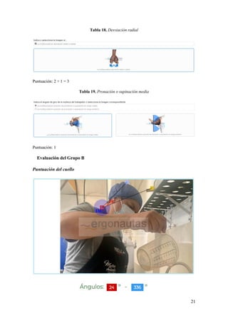 21
Tabla 18. Desviación radial
Puntuación: 2 + 1 = 3
Tabla 19. Pronación o supinación media
Puntuación: 1
Evaluación del Grupo B
Puntuación del cuello
 