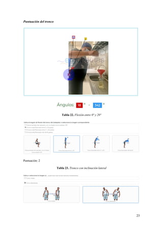 23
Puntuación del tronco
Tabla 22. Flexión entre 0° y 20°
Puntuación: 2
Tabla 23. Tronco con inclinación lateral
 