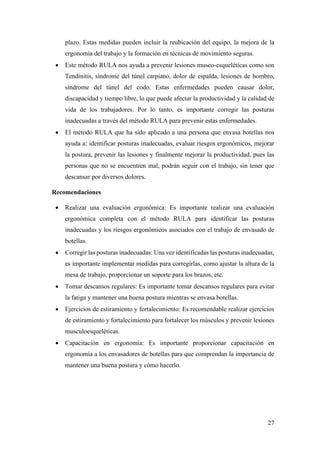 27
plazo. Estas medidas pueden incluir la reubicación del equipo, la mejora de la
ergonomía del trabajo y la formación en técnicas de movimiento seguras.
• Este método RULA nos ayuda a prevenir lesiones musco-esqueléticas como son
Tendinitis, síndrome del túnel carpiano, dolor de espalda, lesiones de hombro,
síndrome del túnel del codo. Estas enfermedades pueden causar dolor,
discapacidad y tiempo libre, lo que puede afectar la productividad y la calidad de
vida de los trabajadores. Por lo tanto, es importante corregir las posturas
inadecuadas a través del método RULA para prevenir estas enfermedades.
• El método RULA que ha sido aplicado a una persona que envasa botellas nos
ayuda a: identificar posturas inadecuadas, evaluar riesgos ergonómicos, mejorar
la postura, prevenir las lesiones y finalmente mejorar la productividad, pues las
personas que no se encuentren mal, podrán seguir con el trabajo, sin tener que
descansar por diversos dolores.
Recomendaciones
• Realizar una evaluación ergonómica: Es importante realizar una evaluación
ergonómica completa con el método RULA para identificar las posturas
inadecuadas y los riesgos ergonómicos asociados con el trabajo de envasado de
botellas.
• Corregir las posturas inadecuadas: Una vez identificadas las posturas inadecuadas,
es importante implementar medidas para corregirlas, como ajustar la altura de la
mesa de trabajo, proporcionar un soporte para los brazos, etc.
• Tomar descansos regulares: Es importante tomar descansos regulares para evitar
la fatiga y mantener una buena postura mientras se envasa botellas.
• Ejercicios de estiramiento y fortalecimiento: Es recomendable realizar ejercicios
de estiramiento y fortalecimiento para fortalecer los músculos y prevenir lesiones
musculoesqueléticas.
• Capacitación en ergonomía: Es importante proporcionar capacitación en
ergonomía a los envasadores de botellas para que comprendan la importancia de
mantener una buena postura y cómo hacerlo.
 