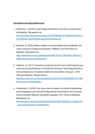 REFERENCIAS BIBLIOGRÁFICAS
1. Altamirano, J. (2018). El aprendizaje colaborativo y las redes sociales (Tesis
de Maestría). Recuperado de
http://repositorio.uta.edu.ec/bitstream/123456789/29035/1/1803851409%20Jor
ge%20Ra%c3%bal%20Altamirano%20Turushina.pdf
2. Bendezú, M. (2020). Redes sociales en el aprendizaje de los estudiantes del
cuarto ciclo de la Facultad de Educación, UNMSM Lima-2019 (Tesis de
Maestría). Recuperado de
https://repositorio.ucv.edu.pe/bitstream/handle/20.500.12692/43077/Bendezú_
DMM.pdf?sequence=1&isAllowed=y
3. Ontiveros, W. (2017). Servicios y/o aplicaciones de la red social Facebook que
usan más los estudiantes de la Facultad de Ciencias y Tecnologías Sociales y
Humanidades de la Universidad Católica de Santa María. Arequipa – 2016
(Tesis de Maestría). Recuperado de
http://tesis.ucsm.edu.pe/repositorio/bitstream/handle/UCSM/7069/B5.1577.MG.
pdf?sequence=1&isAllowed=y
4. Valreymond, D. (2018). Uso de las redes sociales y los estilos de aprendizaje
de los estudiantes de la Escuela Profesional de Administración De Empresas
de la Universidad Nacional José María Arguedas, 2017 (Tesis de Maestría).
Recuperado de
http://repositorio.unap.edu.pe/bitstream/handle/UNAP/7922/Dario_Valreymond
_Tacora.pdf?sequence=1&isAllowed=y
 