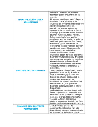 problemas utilizando los recursos
                          didácticos que se encuentran en su
                          entorno.
 IDENTIFICACIÓN DE LA     A través de estrategias metodologías el
     SOLUCIONAR           estudiante puede aprender a dar
                          solución a los problemas cotidianos que
                          requieren la aplicación de las
                          operaciones básicas, por ello se
                          implementa la propuesta de la tienda
                          escolar ya que en esta el niño aprende
                          a sumar, multiplicar, restar y dividir.
                          Dicha metodología hace que los
                          estudiantes vendan productos a ciertos
                          precios de igual forma reciben dinero,
                          dan vueltas y para ello utilizan las
                          operaciones básicas y así dan solución
                          a problemas matemáticos, además
                          como se compran variedad de
                          productos a distribuidores los
                          estudiantes deben de una u otra forma
                          desarrollar multiplicaciones y divisiones
                          para su compra. se pretende incentivar
                          a los estudiantes a desarrollar el
                          pensamiento matemático ejecutando
                          varias actividades de enseñanza y
                          aprendizaje.
ANALISIS DEL ESTUDIANTE   La propuesta se dirige al grado cuarto
                          que oscilan entre los 8 y 9 años de
                          edad, el aprendizaje previo ha sido
                          durante los años de escolaridad, el
                          compromiso que asumen los
                          estudiantes es la responsabilidad que
                          ellos asumen al participar en el
                          desarrollo del proyecto con el interés
                          de aprender.
                          Las limitaciones han sido porque este
                          tipo de propuestas no han dados sus
                          resultado o frutos por que no se sigue
                          el proceso a largo plazo sino muchas
                          veces se corta sin alcanzar los
                          objetivos propuestos, también por falta
                          de compromiso del docente educandos
ANÁLISIS DEL CONTEXTO     Las habilidades previas del
     PEDAGÓGICO           conocimiento matemático han sido
                          desarrolladas a través de aprendizajes
                          en sus años de escolaridad donde
 