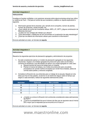 Servicio de asesoría y resolución de ejercicios ciencias_help@hotmail.com 
www.maestronline.com 
Actividad integradora 2 Instrucciones: Investiga en fuentes confiables o con personas cercanas sobre alguna empresa actual que utilice un sistema de Push – Pull para el control de sus inventarios y elabora un reporte explicando lo siguiente: a. Información general de la empresa: giro, tamaño de la compañía, número de plantas, número de productos, ventas anuales, etc. b. ¿Qué método de control de inventarios utilizan: MPS, JIT, OPT? ¿Alguna combinación de diferentes técnicas? c. ¿Cuáles son las ventajas del método que utilizan? d. ¿Qué desventajas u obstáculos se han encontrado en la aplicación de esta metodología? e. ¿Qué tipo de sistema de información utilizan para coordinar la información? Envía la actividad a tu tutor, en formato de reporte. 
Actividad integradora 3 Instrucciones: Resuelva los siguientes ejercicios de planeación agregada y administración de proyectos: 1. Se está considerando aplicar un modelo de planeación agregada en las siguientes situaciones. Sugiere una medida agregada de producción para cada una de ellas y comenta los beneficios y las dificultades de aplicar una unidad agregada en cada caso: a. Requerimientos de fuerza de trabajo para un hospital. b. Planear la fuerza de trabajo y los niveles de producción para una planta procesadora de comida nutritiva envasada que vende fruta enlatada, platos de comida sobre pedido y verduras congelada. 2. Considera la filmación de una entrevista para un trabajo de la escuela. Basado en otra tarea que hizo el mes pasado, el alumno no se siente tan seguro sobre el tiempo que asignó a cada actividad y realizó las siguientes estimaciones (días). Actividad Optimista Más probable Pesimista A 3 4 7 B 2 5 8 C 1 3 5 D 2 4 6 a. ¿Cuánto va a tomar la filmación de la entrevista considerando estas estimaciones de PERT? b. ¿Cuál es la probabilidad de que el número de días que se requieran sea al menos 20% mayor que la respuesta que se encontró en el inciso a? Envía la actividad a tu tutor, en formato de reporte.  