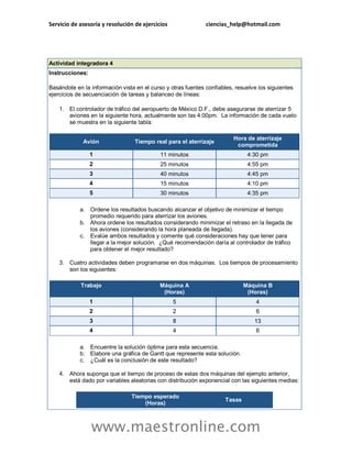 Servicio de asesoría y resolución de ejercicios ciencias_help@hotmail.com 
www.maestronline.com 
Actividad integradora 4 Instrucciones: Basándote en la información vista en el curso y otras fuentes confiables, resuelve los siguientes ejercicios de secuenciación de tareas y balanceo de líneas: 1. El controlador de tráfico del aeropuerto de México D.F., debe asegurarse de aterrizar 5 aviones en la siguiente hora, actualmente son las 4:00pm. La información de cada vuelo se muestra en la siguiente tabla: Avión Tiempo real para el aterrizaje Hora de aterrizaje comprometida 1 11 minutos 4:30 pm 2 25 minutos 4:55 pm 3 40 minutos 4:45 pm 4 15 minutos 4:10 pm 5 30 minutos 4:35 pm a. Ordene los resultados buscando alcanzar el objetivo de minimizar el tiempo promedio requerido para aterrizar los aviones. b. Ahora ordene los resultados considerando minimizar el retraso en la llegada de los aviones (considerando la hora planeada de llegada). c. Evalúe ambos resultados y comente qué consideraciones hay que tener para llegar a la mejor solución. ¿Qué recomendación daría al controlador de tráfico para obtener el mejor resultado? 3. Cuatro actividades deben programarse en dos máquinas. Los tiempos de procesamiento son los siguientes: Trabajo Máquina A (Horas) Máquina B (Horas) 1 5 4 2 2 6 3 8 13 4 4 6 a. Encuentre la solución óptima para esta secuencia. b. Elabore una gráfica de Gantt que represente esta solución. c. ¿Cuál es la conclusión de este resultado? 4. Ahora suponga que el tiempo de proceso de estas dos máquinas del ejemplo anterior, está dado por variables aleatorias con distribución exponencial con las siguientes medias: Tiempo esperado (Horas) Tasas  