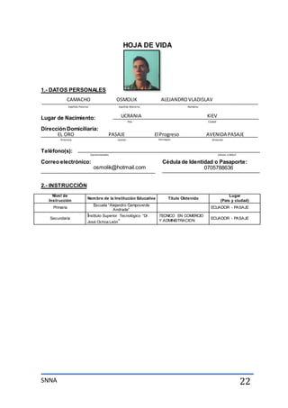 SNNA 22
CAMACHO OSMOLIK ALEJANDROVLADISLAV
UCRANIA KIEV
EL ORO PASAJE El Progreso AVENIDA PASAJE
osmolik@hotmail.com 070705788636
05788636
HOJA DE VIDA
1.- DATOS PERSONALES
Lugar de Nacimiento:
Dirección Domiciliaria:
Teléfono(s):
Correo electrónico: Cédula de Identidad o Pasaporte:
2.- INSTRUCCIÓN
Nivel de
Instrucción
Nombre de la Institución Educativa Título Obtenido
Lugar
(País y ciudad)
Primaria
Escuela “Alejandro Campoverde
Andrade”
ECUADOR - PASAJE
Secundaria
Instituto Superior Tecnológico “Dr.
José Ochoa León”
TECNICO EN COMERCIO
Y ADMINISTRACION
ECUADOR - PASAJE
Nombres
Apellido Materno
Apellido Paterno
Ciudad
País
Parroquia
Cantón
Provincia Dirección
Convencionales Celular o Móvil
 
