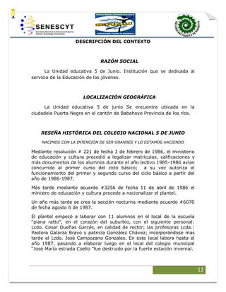 12
DESCRIPCIÓN DEL CONTEXTO
RAZÓN SOCIAL
La Unidad educativa 5 de Junio. Institución que se dedicada al
servicio de la Educación de los jóvenes.
LOCALIZACIÓN GEOGRÁFICA
La Unidad educativa 5 de junio Se encuentra ubicada en la
ciudadela Puerta Negra en el cantón de Babahoyo Provincia de los ríos.
RESEÑA HISTÓRICA DEL COLEGIO NACIONAL 5 DE JUNIO
NACIMOS CON LA INTENCIÓN DE SER GRANDES Y LO ESTAMOS HACIENDO
Mediante resolución # 221 de fecha 3 de febrero de 1986, el ministerio
de educación y cultura procedió a legalizar matriculas, calificaciones y
más documentos de los alumnos durante el año lectivo 1985-1986 avían
concurrido al primer curso del ciclo básico; a su vez autoriza el
funcionamiento del primer y segundo curso del ciclo básico a partir del
año de 1986-1987.
Más tarde mediante acuerdo #3256 de fecha 11 de abril de 1986 el
ministro de educación y cultura procede a nacionalizar el plantel.
Un año más tarde se crea la sección nocturna mediante acuerdo #6070
de fecha agosto 6 de 1987.
El plantel empezó a laborar con 11 alumnos en el local de la escuela
“piana ratto”, en el corazón del suburbio, con el siguiente personal:
Lcdo. Cesar Dueñas Garcés, en calidad de rector; las profesoras Lcda.:
Pastora Galarza Bravo y patricia González Chávez; incorporándose mas
tarde el Lcdo. José Campozano Gonzales. En este local labora hasta el
año 1987, pasando a elaborar luego en el local del colegio municipal
“José María estrada Coello ”fue destruido por la fuerte estación invernal.
 