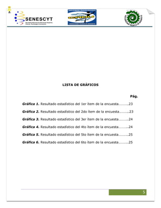 5
LISTA DE GRÁFICOS
Pág.
Gráfica 1. Resultado estadístico del 1er ítem de la encuesta………..23
Gráfica 2. Resultado estadístico del 2do ítem de la encuesta………..23
Gráfica 3. Resultado estadístico del 3er ítem de la encuesta………..24
Gráfica 4. Resultado estadístico del 4to ítem de la encuesta………..24
Gráfica 5. Resultado estadístico del 5to ítem de la encuesta………..25
Gráfica 6. Resultado estadístico del 6to ítem de la encuesta………..25
 