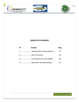 6
INDICE DE CUADROS
N° Cuadro Pág.
1………………………Jerarquización del problema. 15
2………………………Plan de Acción. 19
3………………………Cronograma de Actividades 20
4……………………..Aplicación del Aprendizaje 21
 