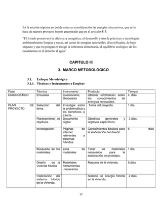 En la sección séptima en donde entra en consideración las energías alternativas, que es la
base de nuestro proyecto hemos encontrado que en el artículo 413:
“El Estado promoverá la eficiencia energética, el desarrollo y uso de prácticas y tecnologías
ambientalmente limpias y sanas, así como de energías renovables, diversificadas, de bajo
impacto y que no pongan en riesgo la soberanía alimentaria, el equilibrio ecológico de los
ecosistemas ni el derecho al agua”

CAPITULO III
3. MARCO METODOLÓGICO
3.1.
Enfoque Metodológico
3.1.1. Técnicas e Instrumentos a Emplear
Fase
DIAGNOSTICO

PLAN
PROYECTO

Técnica
Encuesta

Instrumento
Cuestionario,
Grabadora

Producto
Tiempo
Obtener información sobre 4 días
los
conocimientos
de
energías renovables.
DE Selección
del Investigar sobre Tema del proyecto.
1 día.
tema.
la problemática y
los beneficios q
traería. .
Planteamiento de Documento
Objetivos
generales
y 3 días.
objetivos.
digital.
objetivos específicos.
Investigación.

Páginas
internet
referentes
sistemas
híbridos.

de Conocimientos básicos para 5
la elaboración del diseño.
a

Búsqueda de los Lista
materiales.
materiales

de Tener
los
materiales 1 día.
necesarios
para
la
elaboración del prototipo.

Diseño
de la Materiales,
vivienda hibrida
herramientas
.necesarias.

Maqueta de la vivienda.

5 días

Elaboración del
sistema
hibrido
de la vivienda.

Sistema de energía hibrida
en la vivienda.

2 días

17

días

 