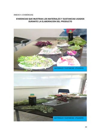 ANEXO 4. EVIDENCIAS

EVIDENCIAS QUE MUSTRAN LOS MATERIALES Y SUSTANCIAS USADOS
DURANTE LA ELABORACION DEL PRODUCTO

MATERIALES Y SUSTANCIAS UTILIZADOS

MATERIALES Y SUSTANCIAS UTILIZADOS

49

 