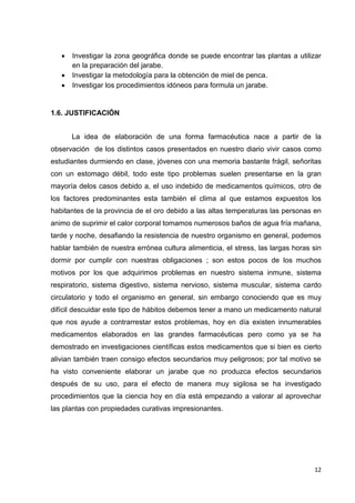 



Investigar la zona geográfica donde se puede encontrar las plantas a utilizar
en la preparación del jarabe.
Investigar la metodología para la obtención de miel de penca.
Investigar los procedimientos idóneos para formula un jarabe.

1.6. JUSTIFICACIÓN
La idea de elaboración de una forma farmacéutica nace a partir de la
observación de los distintos casos presentados en nuestro diario vivir casos como
estudiantes durmiendo en clase, jóvenes con una memoria bastante frágil, señoritas
con un estomago débil, todo este tipo problemas suelen presentarse en la gran
mayoría delos casos debido a, el uso indebido de medicamentos químicos, otro de
los factores predominantes esta también el clima al que estamos expuestos los
habitantes de la provincia de el oro debido a las altas temperaturas las personas en
animo de suprimir el calor corporal tomamos numerosos baños de agua fría mañana,
tarde y noche, desafiando la resistencia de nuestro organismo en general, podemos
hablar también de nuestra errónea cultura alimenticia, el stress, las largas horas sin
dormir por cumplir con nuestras obligaciones ; son estos pocos de los muchos
motivos por los que adquirimos problemas en nuestro sistema inmune, sistema
respiratorio, sistema digestivo, sistema nervioso, sistema muscular, sistema cardo
circulatorio y todo el organismo en general, sin embargo conociendo que es muy
difícil descuidar este tipo de hábitos debemos tener a mano un medicamento natural
que nos ayude a contrarrestar estos problemas, hoy en día existen innumerables
medicamentos elaborados en las grandes farmacéuticas pero como ya se ha
demostrado en investigaciones científicas estos medicamentos que si bien es cierto
alivian también traen consigo efectos secundarios muy peligrosos; por tal motivo se
ha visto conveniente elaborar un jarabe que no produzca efectos secundarios
después de su uso, para el efecto de manera muy sigilosa se ha investigado
procedimientos que la ciencia hoy en día está empezando a valorar al aprovechar
las plantas con propiedades curativas impresionantes.

12

 