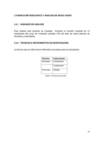 2.4 MARCO METODOLÓGICO Y ANÁLISIS DE RESULTADOS

2.4.1 UNIDADES DE ANÁLISIS
Para realizar este proyecto se investigó tomando un tamaño muestral de 10
estudiantes del curso de nivelación paralelo V02 del área de salud además de
docentes y autoridades.
2.4.2 TÉCNICAS E INSTRUMENTOS DE INVESTIGACIÓN
La técnica que se utilizó fueron diferentes encuestas para los estudiantes.

Técnica

Instrumento

Encuesta

Cuestionario
Cuestionario

Entrevista

Dialogo

Tabla 3. Técnicas de estudio

35

 