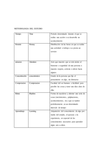 METODOLOGIA DEL ESTUDIO
Tiempo Time Período determinado durante el que se
realiza una acción o se desarrolla un
acontecimiento
Horario Horary Distribución de las horas en que se realiza
una actividad o trabajo o se presta un
servicio
atencion Attention Acto que muestra que se está atento al
bienestar o seguridad de una persona o
muestra respeto, cortesía o afecto hacia
alguien.
Concentración concentration Estado de la persona que fija el
pensamiento en algo, sin distraerse
Comprencion Comprencion Facultad del ser humano o facilidad para
percibir las cosas y tener una idea clara de
ellas
Ritmo Rhythm Forma de sucederse y alternar una serie de
cosas (movimientos, palpitaciones,
acontecimientos, etc.) que se repiten
periódicamente en un determinado
intervalo de tiempo
Aprendizaje Learning Adquisición del conocimiento de algo por
medio del estudio, el ejercicio o la
experiencia, en especial de los
conocimientos necesarios para aprender
algún arte u oficio.
 