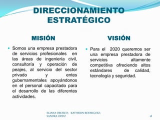 DIRECCIONAMIENTO ESTRATÉGICOMISIÓN VISIÓNSomos una empresa prestadora de servicios profesionales  en las áreas de ingeniería civil, consultoría y operación de peajes, al servicio del sector privado y entes gubernamentales apoyándonos en el personal capacitado para el desarrollo de las diferentes actividades.Para el  2020 queremos ser una empresa prestadora de servicios altamente competitiva ofreciendo altos estándares  de calidad, tecnología y seguridad. ELIANA OROZCO;   KATHERIN RODRIGUEZ;  SANDRA ORTIZ18