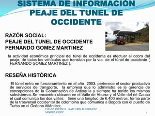 SISTEMA DE INFORMACIÓN PEAJE DEL TUNEL DE OCCIDENTEELIANA OROZCO;   KATHERIN RODRIGUEZ;  SANDRA ORTIZ2RAZÓN SOCIAL:PEAJE DEL TUNEL DE OCCIDENTE FERNANDO GOMEZ MARTINEZ la actividad económica principal del túnel de occidente es efectuar el cobro del peaje, de todos los vehículos que transitan por la vía  de el túnel de occidente ( FERNANDO GOMEZ MARTINEZ ).RESEÑA HISTÓRICA     El túnel entro en funcionamiento en el año  2003. pertenece el sector productivo de servicios de transporte,  la empresa que lo administra es la gerencia de concepciones de la Gobernación de Antioquia y siempre ha tenido los mismos subsistemas Se encuentra ubicado en el Valle de Aburra y el Valle del rió Cauca el cual comunica los dos valles;   tiene una longitud de 6.400 metros, forma parte de la trasversal occidental de colombina que comunica a Bogotá con el puerto de Turbo en el Océano Atlántico;
