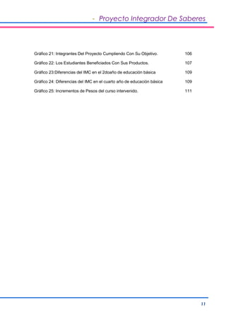 - Proyecto Integrador De Saberes 
11 
Gráfico 21: Integrantes Del Proyecto Cumpliendo Con Su Objetivo. 106 
Gráfico 22: Los Estudiantes Beneficiados Con Sus Productos. 107 
Gráfico 23:Diferencias del IMC en el 2doaño de educación básica 109 
Gráfico 24: Diferencias del IMC en el cuarto año de educación básica 109 
Gráfico 25: Incrementos de Pesos del curso intervenido. 111 
 
