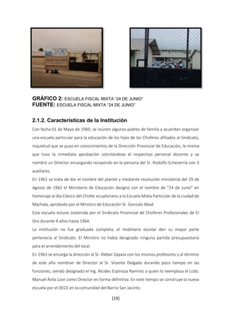 GRÁFICO 2: ESCUELA FISCAL MIXTA “24 DE JUNIO” 
FUENTE: ESCUELA FISCAL MIXTA “24 DE JUNIO” 
2.1.2. Características de la Institución 
Con fecha 01 de Mayo de 1960, se reúnen algunos padres de familia y acuerdan organizar 
una escuela particular para la educación de los hijos de los Choferes afiliados al Sindicato, 
inquietud que se puso en conocimientos de la Dirección Provincial de Educación, la misma 
que tuvo la inmediata aprobación solicitándose el respectivo personal docente y se 
nombró un Director encargando recayendo en la persona del Sr. Rodolfo Echeverría con 3 
auxiliares. 
En 1961 se trata de dar el nombre del plantel y mediante resolución ministerial del 29 de 
Agosto de 1962 el Ministerio de Educación designo con el nombre de “24 de Junio” en 
homenaje al día Clásico del Chofer ecuatoriano a la Escuela Mixta Particular de la ciudad de 
Machala, aprobado por el Ministro de Educación Sr. Gonzalo Abad 
Esta escuela estuvo sostenida por el Sindicato Provincial de Choferes Profesionales de El 
Oro durante 4 años hasta 1964. 
La institución no fue graduada completa, el mobiliario escolar den su mayor parte 
pertenecía al Sindicato. El Ministro no había designado ninguna partida presupuestaria 
para el arrendamiento del local. 
En 1963 se encarga la dirección al Sr. Kléber Zapata con los mismos profesores y al término 
de este año nombran de Director al Sr. Vicente Delgado durando poco tiempo en las 
funciones, siendo designado el Ing. Alcides Espinoza Ramírez a quien lo reemplaza el Lcdo. 
Manuel Ávila Loor como Director en forma definitiva. En este tiempo se construye la nueva 
escuela por el DECE en la comunidad del Barrio San Jacinto. 
[19] 
 
