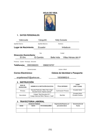 HOJA DE VIDA 
[72] 
1. DATOS PERSONALES: 
Valenzuela Caluguillin Kelly Guissela 
Apellido Paterno Apellido Materno Nombres 
Lugar de Nacimiento: Ecuador Imbabura 
País Ciudad 
Dirección Domiciliaria: 
El Oro El Cambio Bella India Villas Héroes del 41 
Provincia Cantón Parroquia Dirección 
Teléfono(s): 0993366203 0968216757 
Convencionales Celular o Móvil 
Correo Electrónico: Cédula de Identidad o Pasaporte: 
engelteresa37@yahoo.es 100309852-0 
2. INSTRUCCIÒN 
NIVEL DE 
INSTRUCCIÒN 
NOMBRE DE LE INSTITUCIÒN EDUCATIVA TÌTULO OBTEBIDO 
LUGAR 
(PAÌS Y LUGAR) 
Primaria 
Escuela Particular Mixta “San Jorge” 
Escuela Fiscal “Virginia Larenas” 
Culminación Primaria 
Ecuador-Quito 
Secundaria 
Colegio “Red Educativa Q-1” 
Colegio Nacional Mixto “Manue.J. Calle” 
Bachiller 
Ecuador-Quito 
Ecuador-Cuenca 
3. TRAYECTORIA LABORAL 
FECHAS DE TRABAJO Organización/Empresa y el 
país donde laboró 
Denominación del 
DESDE HASTA Nº DE MESES/AÑOS Puesto 
 