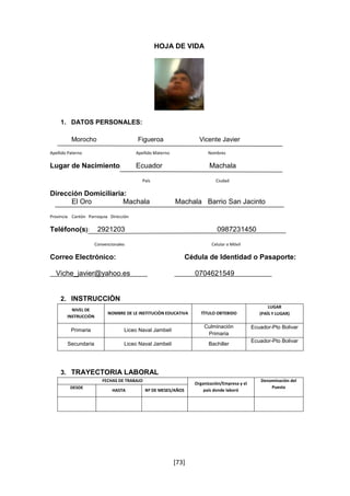 HOJA DE VIDA 
[73] 
1. DATOS PERSONALES: 
Morocho Figueroa Vicente Javier 
Apellido Paterno Apellido Materno Nombres 
Lugar de Nacimiento: Ecuador Machala 
País Ciudad 
Dirección Domiciliaria: 
El Oro Machala Machala Barrio San Jacinto 
Provincia Cantón Parroquia Dirección 
Teléfono(s): 2921203 0987231450 
Convencionales Celular o Móvil 
Correo Electrónico: Cédula de Identidad o Pasaporte: 
Viche_javier@yahoo.es 0704621549 
2. INSTRUCCIÒN 
NIVEL DE 
INSTRUCCIÒN 
NOMBRE DE LE INSTITUCIÒN EDUCATIVA TÌTULO OBTEBIDO 
LUGAR 
(PAÌS Y LUGAR) 
Primaria Liceo Naval Jambelí 
Culminación 
Primaria 
Ecuador-Pto Bolivar 
Secundaria Liceo Naval Jambelí Bachiller 
Ecuador-Pto Bolivar 
3. TRAYECTORIA LABORAL 
FECHAS DE TRABAJO 
Organización/Empresa y el 
país donde laboró 
Denominación del 
DESDE Puesto 
HASTA Nº DE MESES/AÑOS 
 