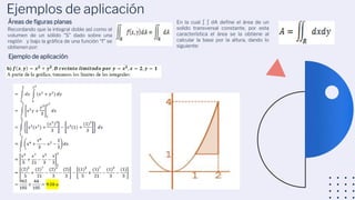 Ejemplos de aplicación
Áreas de figuras planas
Recordando que la integral doble así como el
volumen de un sólido “S” dado sobre una
región y bajo la gráfica de una función “f” se
obtienen por:
En la cual ∫ ∫ dA define el área de un
solido transversal constante, por esta
característica el área se la obtiene al
calcular la base por la altura, dando lo
siguiente:
Ejemplo de aplicación:
 
