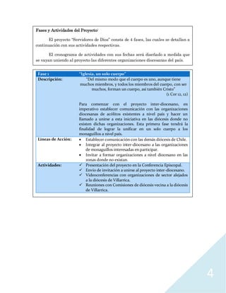 4
Fases y Actividades del Proyecto:
El proyecto “Servidores de Dios” consta de 4 fases, las cuales se detallan a
continuación con sus actividades respectivas.
El cronograma de actividades con sus fechas será diseñado a medida que
se vayan uniendo al proyecto las diferentes organizaciones diocesanas del país.
Fase 1 “Iglesia, un solo cuerpo”
Descripción: “Del mismo modo que el cuerpo es uno, aunque tiene
muchos miembros, y todos los miembros del cuerpo, con ser
muchos, forman un cuerpo, así también Cristo”
(1 Cor 12, 12)
Para comenzar con el proyecto inter-diocesano, en
imperativo establecer comunicación con las organizaciones
diocesanas de acólitos existentes a nivel país y hacer un
llamado a unirse a esta iniciativa en las diócesis donde no
existen dichas organizaciones. Esta primera fase tendrá la
finalidad de lograr la unificar en un solo cuerpo a los
monaguillos a nivel país.
Líneas de Acción:  Establecer comunicación con las demás diócesis de Chile.
 Integrar al proyecto inter-diocesano a las organizaciones
de monaguillos interesadas en participar.
 Invitar a formar organizaciones a nivel diocesano en las
zonas donde no existan.
Actividades:  Presentación del proyecto en la Conferencia Episcopal.
 Envío de invitación a unirse al proyecto inter-diocesano.
 Videoconferencias con organizaciones de sector alejados
a la diócesis de Villarrica.
 Reuniones con Comisiones de diócesis vecina a la diócesis
de Villarrica.
 