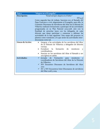 5
Fase 2 “Alegres en el Evangelio”
Descripción: “Estad siempre alegres en el Señor”
(Fil 4,4)
Como segunda fase de trabajo, hacemos eco al llamado del
Papa Francisco a vivir alegremente el Evangelio, para ello, la
Comisión Diocesana de Servidores del Altar de la diócesis de
Villarrica realizará invitaciones a participar de las actividades
programadas en su Plan Pastoral 2015-2018, esto con la
finalidad de estrechar lazos con los delegados de cada
diócesis que desee participar y comenzar a delinear las
actividades de la fase siguiente. Esta etapa del proyecto se
plantea como transición a lo que serán las actividades inter-
diocesanas como tal.
Líneas de Acción:  Integrar a las actividades de los servidores del Altar
de la Diócesis de Villarrica a delegados de diócesis
vecinas.
 Fortalecer la formación de monitores y
coordinadores.
 Suscitar en los servidores del Altar el llamado a ser
una Iglesia en salida.
Actividades:  Jornada de Formación para monitores y
coordinadores de Servidores del Altar de la Diócesis
de Villarrica.
 XIV Encuentro Diocesano de Servidores del Altar
2017.
 XV y XVI Encuentros Inter-Diocesanos de servidores
del Altar 2018 y 2019
 