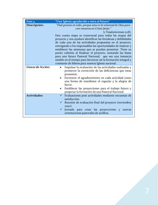 7
Fase 4 “Una Iglesia agradecida y mira al futuro”
Descripción: “Dad gracias en todo, porque esta es la voluntad de Dios para
con vosotros en Cristo Jesús.”
(1 Tesalonicenses 5:18).
Esta cuarta etapa es transversal para todas las etapas del
proyecto y nos ayudará identificar las fortalezas y debilidades
de cada una de las actividades propuestas en el proyecto,
entregando a los responsables las oportunidades de mejorar y
establecer las amenazas que se puedan presentar. Tiene su
punto culmine al finalizar el proyecto, sentando las bases
para una futura Pastoral Nacional, que sea una instancia
estable en el tiempo para favorecer así la formación integral y
constante de líderes para nuestra Iglesia nacional.
Líneas de Acción:  Impulsar la evaluación de las actividades realizadas y
promover la corrección de las deficiencias que estas
presenten.
 Favorecer el agradecimiento en cada actividad como
una forma de manifestar el regocijo y la alegría de
Servir.
 Establecer las proyecciones para el trabajo futuro y
propiciar la formación de una Pastoral Nacional.
Actividades:  Evaluaciones post actividades mediante encuestas de
satisfacción.
 Reunión de evaluación final del proyecto (noviembre
2020).
 Jornada para crear las proyecciones y nuevas
orientaciones pastorales de acólitos.
 