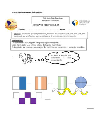 Instrucciones: 
Lee atentamente cada pregunta y responde según corresponda 
Utiliza lápiz grafito y de colores además de tu goma para trabajar 
Es importante que resuelvas por completo los ejercicios con operaciones y respuestas completas. 
I.- Anota la fracción que 
corresponde a cada 
representación 
Anexo 2 guía de trabajo de fracciones 
¿CÓMO VOY APRENDIENDO? 
Nombre………………………………………………..Fecha…………….. 
. 
Guía de trabajo Fracciones 
Matemática tercer año 
Objetivo: Demostrar que comprenden las fracciones de uso común: 1/4 , 1/3 , 1/2 , 2/3 , 3/4: 
explicando que una fracción representa la parte de un todo , de manera concreta. 
 