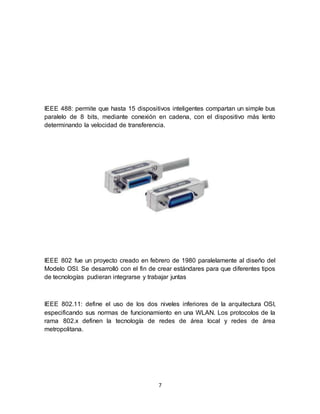 7
IEEE 488: permite que hasta 15 dispositivos inteligentes compartan un simple bus
paralelo de 8 bits, mediante conexión en cadena, con el dispositivo más lento
determinando la velocidad de transferencia.
IEEE 802 fue un proyecto creado en febrero de 1980 paralelamente al diseño del
Modelo OSI. Se desarrolló con el fin de crear estándares para que diferentes tipos
de tecnologías pudieran integrarse y trabajar juntas
IEEE 802.11: define el uso de los dos niveles inferiores de la arquitectura OSI,
especificando sus normas de funcionamiento en una WLAN. Los protocolos de la
rama 802.x definen la tecnología de redes de área local y redes de área
metropolitana.
 