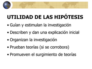 UTILIDAD DE LAS HIPÓTESIS
• Guían y estimulan la investigación
• Describen y dan una explicación inicial
• Organizan la investigación
• Prueban teorías (si se corrobora)
• Promueven el surgimiento de teorías
 