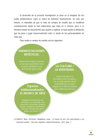 El desarrollo de la presente investigación se basa en el desglose de tres
nudos problemáticos. Lejos se estará de definirlos taxativamente –lo cual, por
fortuna, es imposible ya que se trata de campos de estudio que se modifican
constantemente desde lo más subterráneo que haya en sí mismos- pero sí se
intentará fundar los lineamientos que ayuden a explicar en buen grado la dilatación
que los pone a jugar transversalmente entre sí, desde de las particularidades de
cada uno.
       Tales nudos o campos de estudio son los siguientes:




      MANIFESTACIONES
        ARTÍSTICAS:

      Producción de objetos concretos
       (o no) que se posicionan como
         productos identitarios en un                   LA CULTURA /
          determinado grupo social.
                                                       LA IDENTIDAD:

                                                        Grupo social que en su
                                                    interrelación (entre los sujetos y
                                                     con el medio natural) redacta
                                                      inmaterialmente su esencia
               Espacios                            cargada de un sinfín de aspectos,
                                                      que lo diferencian del resto.
        institucionalizados:
       EL MUSEO DE ARTE

          Institución al servicio de una
        sociedad y a su desarrollo, que
       colecciona, documenta, preserva,
       expone e interpreta el patrimonio
         material e inmaterial de dicho
             grupo y su entorno. (1)



(1) GARCÉS, Alicia; PUCHULU, Magdalena comp.; “El museo de arte. Del coleccionismo a las
  estructuras móviles.”; San Juan; Argenitna; Imprenta Rocamora, 2011; pág.: 7.




                                                                                           6
 