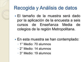 Recogida y Análisis de datos
   El tamaño de la muestra será dado
    por la aplicación de la encuesta a seis
    cursos de Enseñanza Media de
    colegios de la región Metropolitana.

   En esta muestra se han contemplado:
    ◦ 1° Medio: 70 alumnos
    ◦ 2° Medio: 14 alumnos
    ◦ 3° Medio: 19 alumnos
 