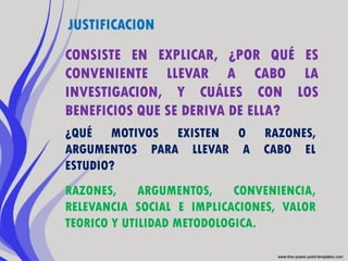 JUSTIFICACION
CONSISTE EN EXPLICAR, ¿POR QUÉ ES
CONVENIENTE LLEVAR A CABO LA
INVESTIGACION, Y CUÁLES CON LOS
BENEFICIOS QUE SE DERIVA DE ELLA?
¿QUÉ MOTIVOS EXISTEN O          RAZONES,
ARGUMENTOS PARA LLEVAR A        CABO EL
ESTUDIO?
RAZONES,     ARGUMENTOS,    CONVENIENCIA,
RELEVANCIA SOCIAL E IMPLICACIONES, VALOR
TEORICO Y UTILIDAD METODOLOGICA.
 