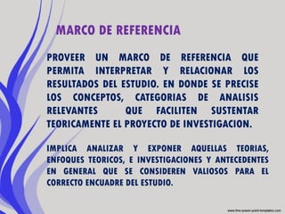 MARCO DE REFERENCIA
PROVEER UN MARCO DE REFERENCIA QUE
PERMITA INTERPRETAR Y RELACIONAR LOS
RESULTADOS DEL ESTUDIO. EN DONDE SE PRECISE
LOS CONCEPTOS, CATEGORIAS DE ANALISIS
RELEVANTES      QUE FACILITEN SUSTENTAR
TEORICAMENTE EL PROYECTO DE INVESTIGACION.

IMPLICA ANALIZAR Y EXPONER AQUELLAS TEORIAS,
ENFOQUES TEORICOS, E INVESTIGACIONES Y ANTECEDENTES
EN GENERAL QUE SE CONSIDEREN VALIOSOS PARA EL
CORRECTO ENCUADRE DEL ESTUDIO.
 