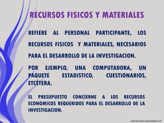 RECURSOS FISICOS Y MATERIALES
REFIERE AL PERSONAL PARTICIPANTE, LOS
RECURSOS FISICOS Y MATERIALES, NECESARIOS
PARA EL DESARROLLO DE LA INVESTIGACION.
POR EJEMPLO, UNA COMPUTADORA, UN
PAQUETE   ESTADISTICO, CUESTIONARIOS,
ETCÉTERA.

EL PRESUPUESTO CONCIERNE A LOS RECURSOS
ECONOMICOS REQUERIDOS PARA EL DESARROLLO DE LA
INVESTIGACION.
 